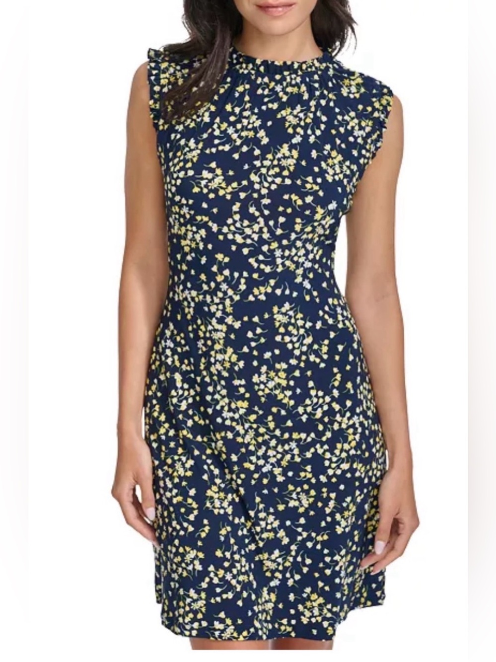 Tommy Hilfiger Dress Size 2 Navy Floral Ruffle Neck Stretch Midi NWT